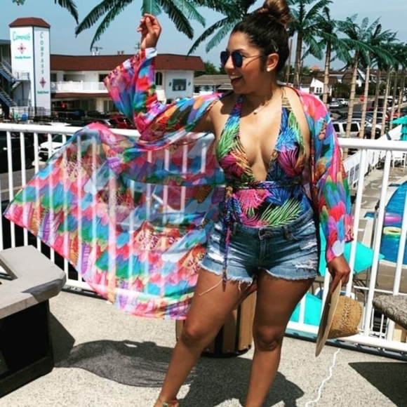 New Rainbow Feather Swim Cover Up Kimono Duster - Picture 6 of 10